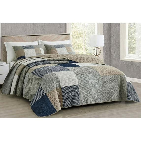 Chezmoi Collection 3-Piece Plaid Cotton Patchwork Quilt Reversible Lightweight Bedspread Set, Queen Size