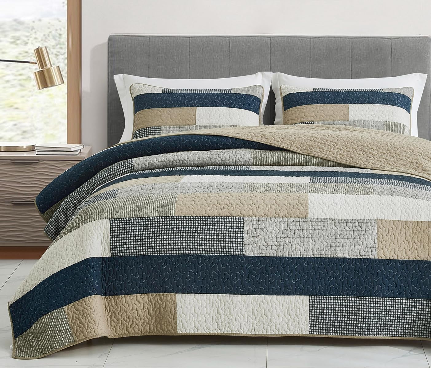 Chezmoi Collection 3Piece Plaid Rectangular Patchwork Cotton Quilt Set