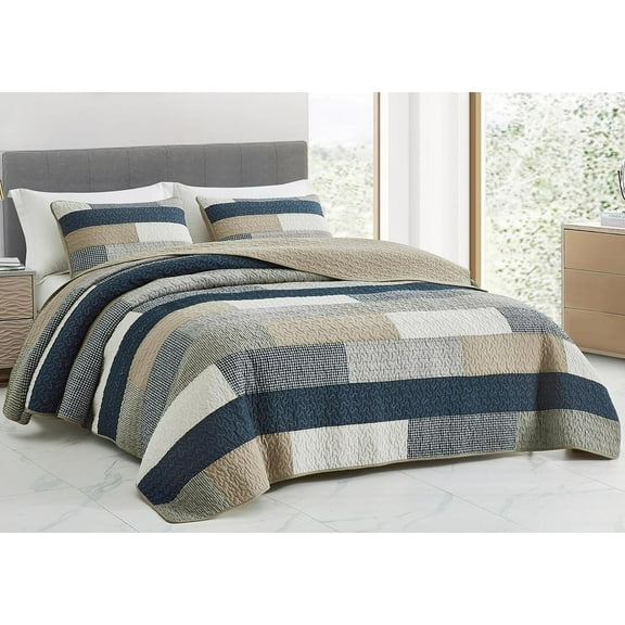 Chezmoi Collection 3-Piece Plaid Rectangular Patchwork Cotton Quilt Set, Navy Blue White Gray Taupe Plaid Lightweight Reversible Bedspread, Queen Size