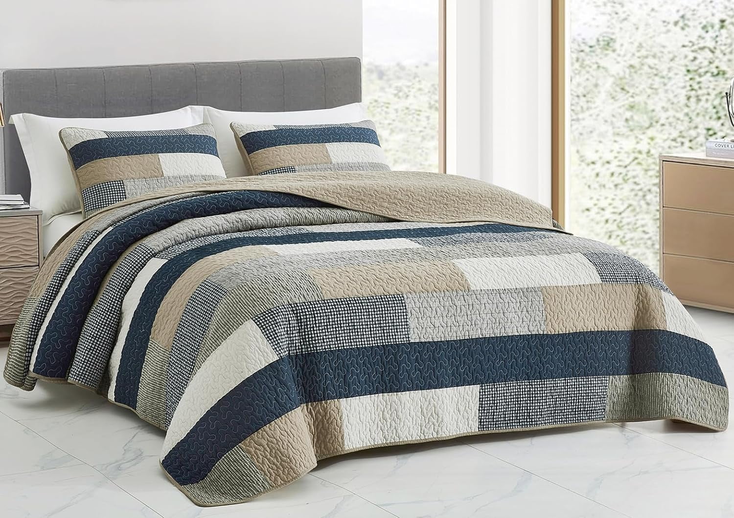Chezmoi Collection 3-Piece King Plaid Patchwork Cotton Quilt Set ...