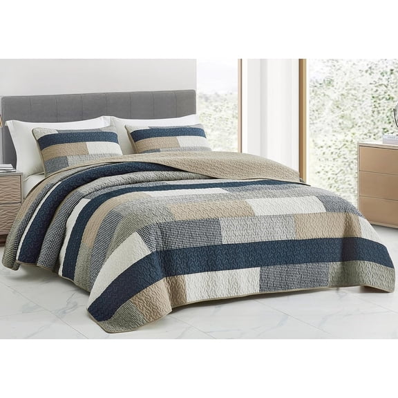 Chezmoi Collection 3-Piece Plaid Rectangular Patchwork Cotton Quilt Set, Navy Blue White Gray Taupe Plaid Lightweight Reversible Bedspread, King Size