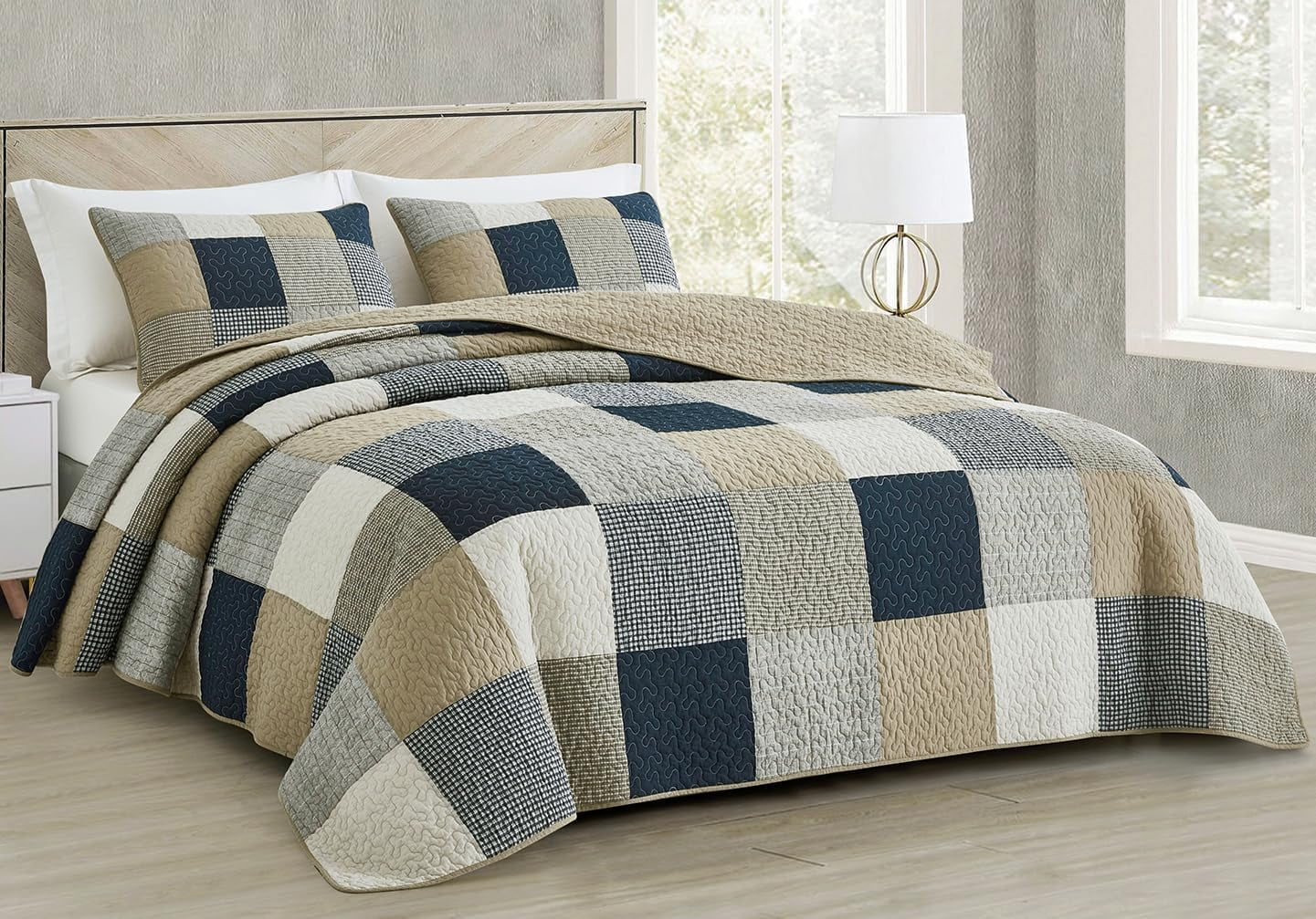 King Navy Cotton Reversible Patchwork Quilt Set