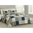 thumbnail image 1 of Chezmoi Collection 3-Piece Plaid Square Patchwork Cotton Quilt Set, Navy Blue White Gray Taupe Plaid Lightweight Reversible Bedspread, King Size, 1 of 8