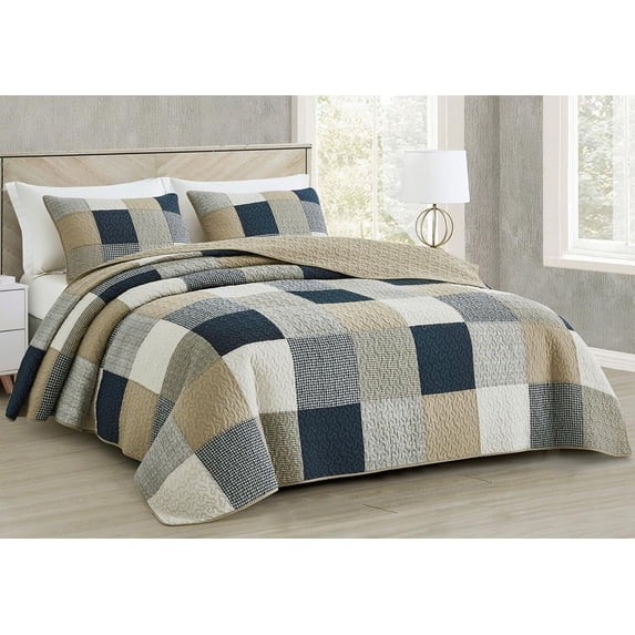 Chezmoi Collection 3-Piece Plaid Square Patchwork Cotton Quilt Set, Navy Blue White Gray Taupe Plaid Lightweight Reversible Bedspread, King Size