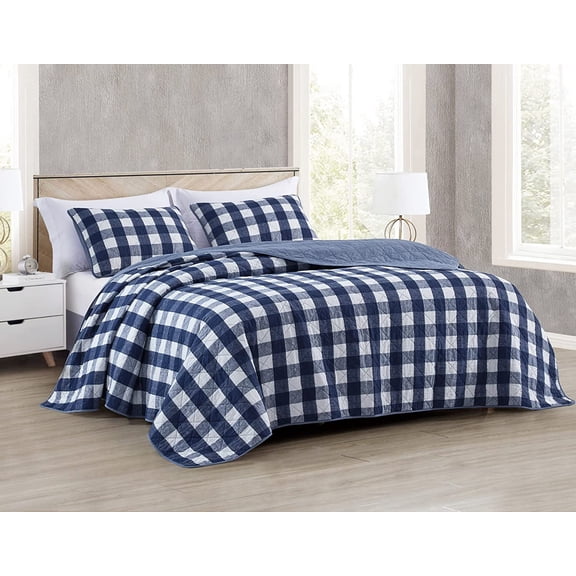 Chezmoi Collection 3-Piece Pre-Washed Buffalo Check Plaid Cotton Quilt Set Reversible Lightweight Bedspread, King, Blue/White