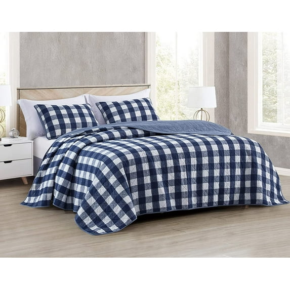 Chezmoi Collection 3-Piece Pre-Washed Buffalo Check Plaid Cotton Quilt Set Reversible Lightweight Bedspread, King, Blue/White