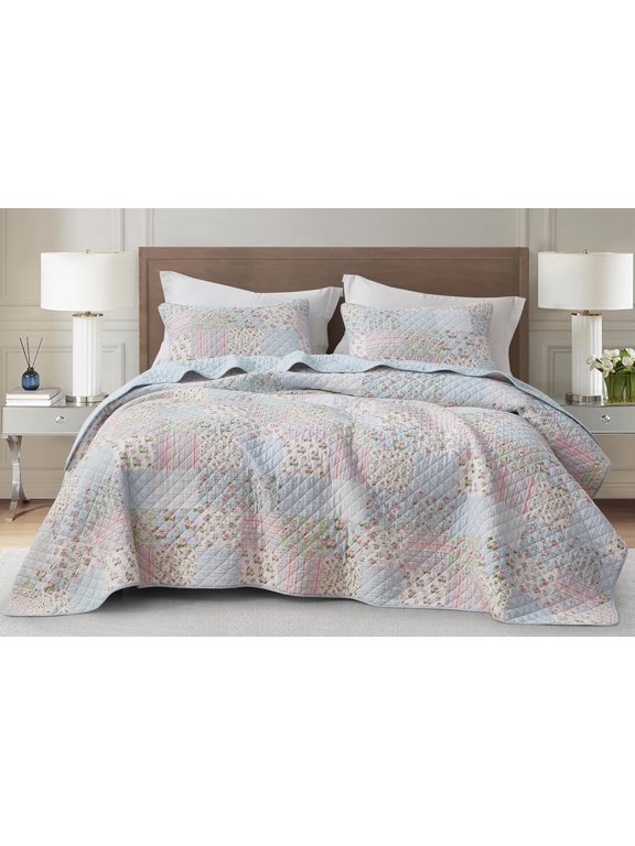 Holly 3-Piece Stone-washed Cotton Quilt Set Queen Size - Printed Floral Patchwork Soft Breathable Lightweight Bedspread Set
