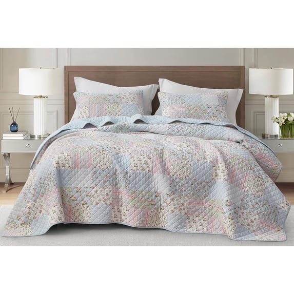 Chezmoi Collection Holly 3-Piece Stone-washed Cotton Quilt Set Queen Size - Printed Floral Patchwork Soft Breathable Lightweight Bedspread Set