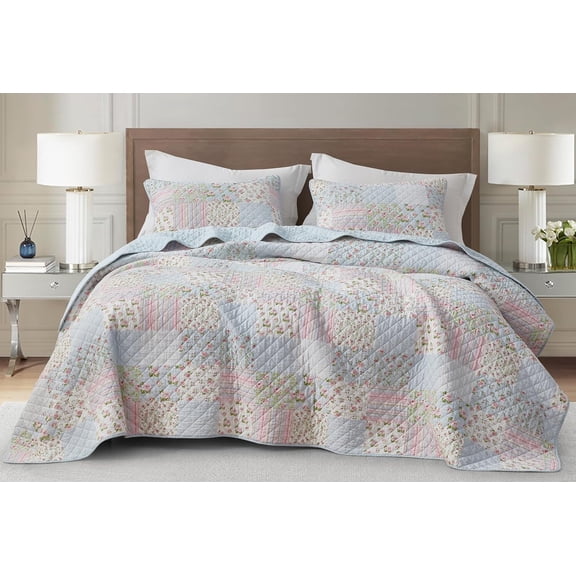 Chezmoi Collection Holly 3-Piece Stone-washed Cotton Quilt Set Queen Size - Printed Floral Patchwork Soft Breathable Lightweight Bedspread Set