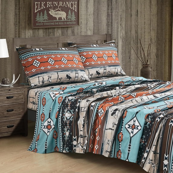 Chezmoi Collection 3-Piece Southwestern Cowboy Rodeo Sheet Set Twin Size, Multicolor Blue Brown Beige Clay Printed Brushed Microfiber Lightweight Breathable Deep Pocket Bed Sheets