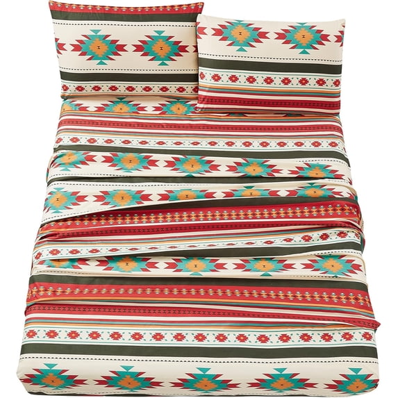 Chezmoi Collection 3-Piece Southwestern Geometric Multicolor Cream Red Teal Orange Sheet Set, Twin