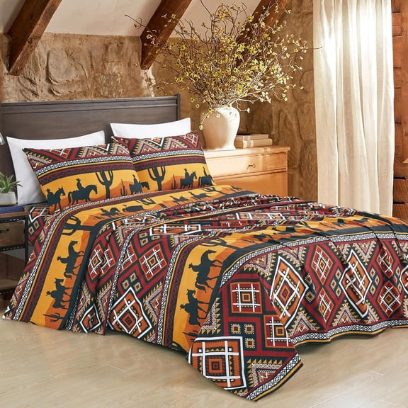 Chezmoi Collection 3-Piece Southwestern Sunset Cowboys Sheet Set Twin Size, Multicolor Red Orange Black White Printed Brushed Microfiber Lightweight Breathable Deep Pocket Bed Sheets