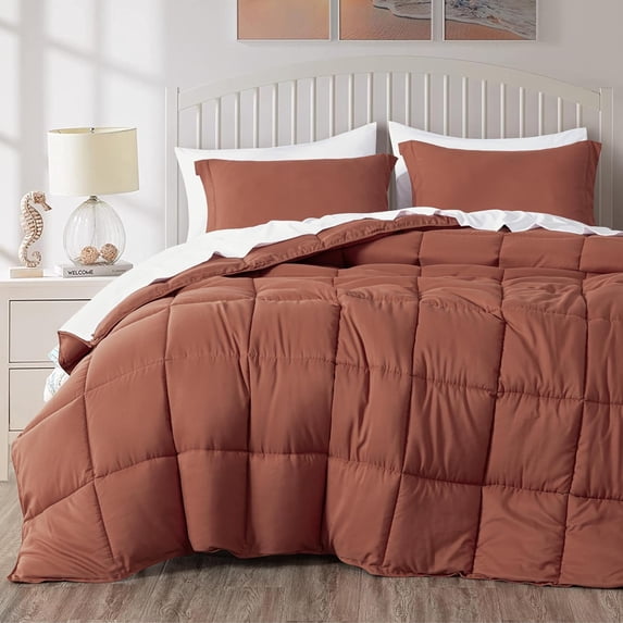 Chezmoi Collection 3-Piece Terracotta Comforter Set Oversized King Size, 110GSM Peach Skin Microfiber Polyester, Lightweight Duvet Insert All Season Down Alternative Comforter