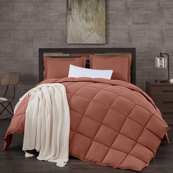 Chezmoi Collection 3-Piece Terracotta Comforter Set Queen Size, 110GSM Peach Skin Microfiber Polyester, Lightweight Duvet Insert All Season Down Alternative Comforter