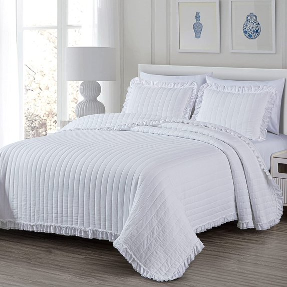 Chezmoi Collection 3-Pieces White Ruffled Edge Solid Quilt Sets, King