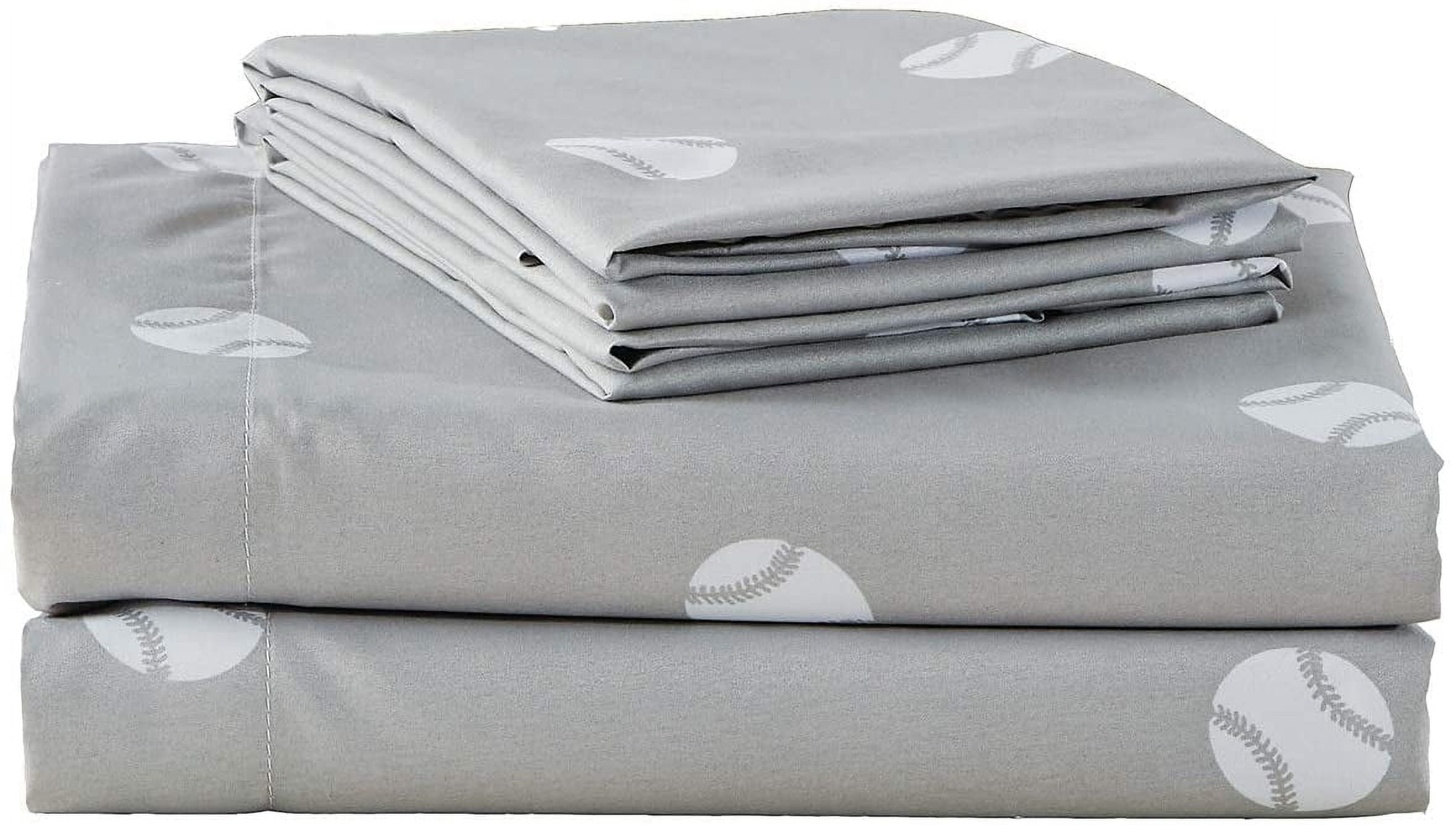 Gray and White Baseball Print Twin Microfiber Sheet Set