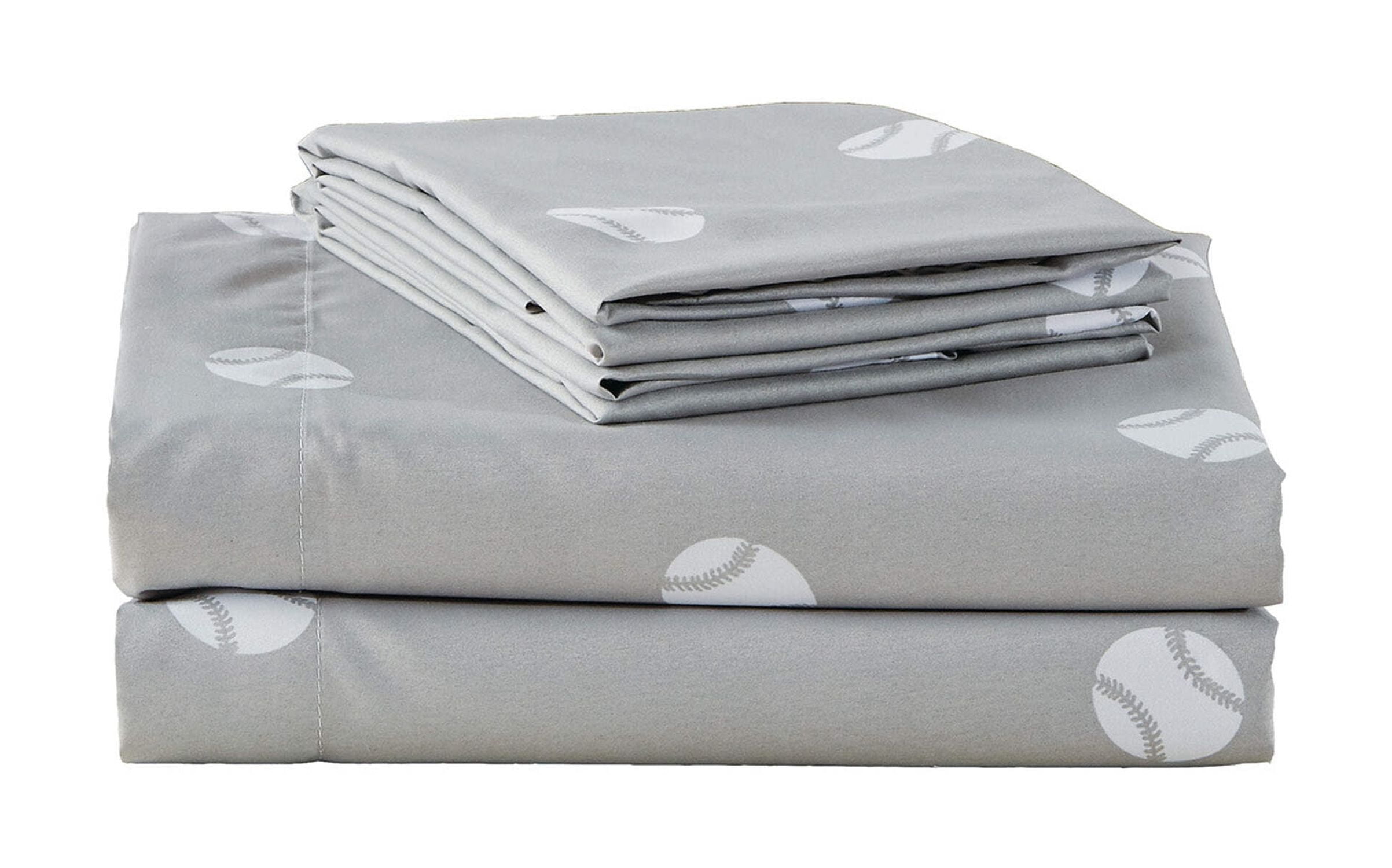 Gray and White Baseball Print Twin Microfiber Sheet Set
