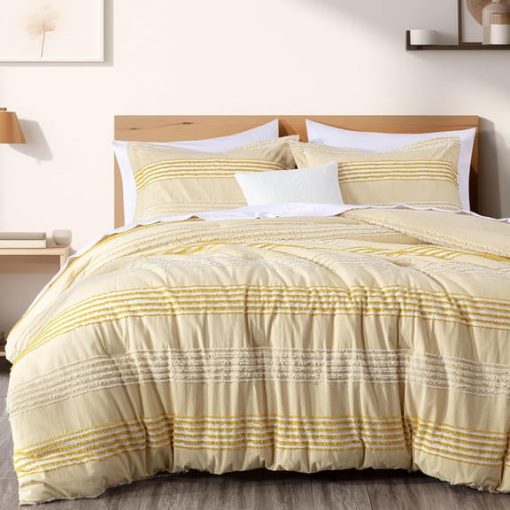 Chezmoi Collection 4-Piece Cotton Clip Jacquard Comforter Set King, Boho Chic Textured Striped Bedding with Cheille Textured Pillow Cushion, Pale Orange/White