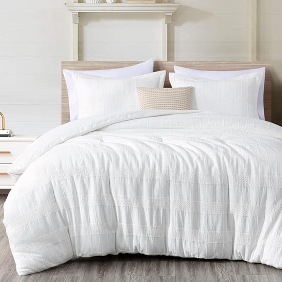 Chezmoi Collection 4-Piece Cotton Clip Jacquard Comforter Set King, Boho Chic Textured Tufted Basketweave Striped Bedding with Textured Woven Pillow Cushion, White