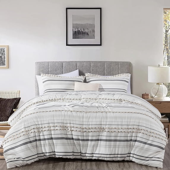 Chezmoi Collection 4-Piece Cotton Clip Jacquard Comforter Set King, Boho Chic Tufted Pompom Striped Bedding with Linen Blended Textured Pillow Cushion, Gray/White