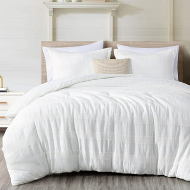 Chezmoi Collection 4-Piece Cotton Clip Jacquard Comforter Set Queen, Boho Chic Textured Tufted Basketweave Striped Bedding with Textured Woven Pillow Cushion, White
