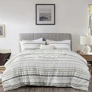 Chezmoi Collection 4-Piece Cotton Clip Jacquard Comforter Set Queen, Boho Chic Tufted Pompom Striped Bedding with Linen Blended Textured Pillow Cushion, Gray/White