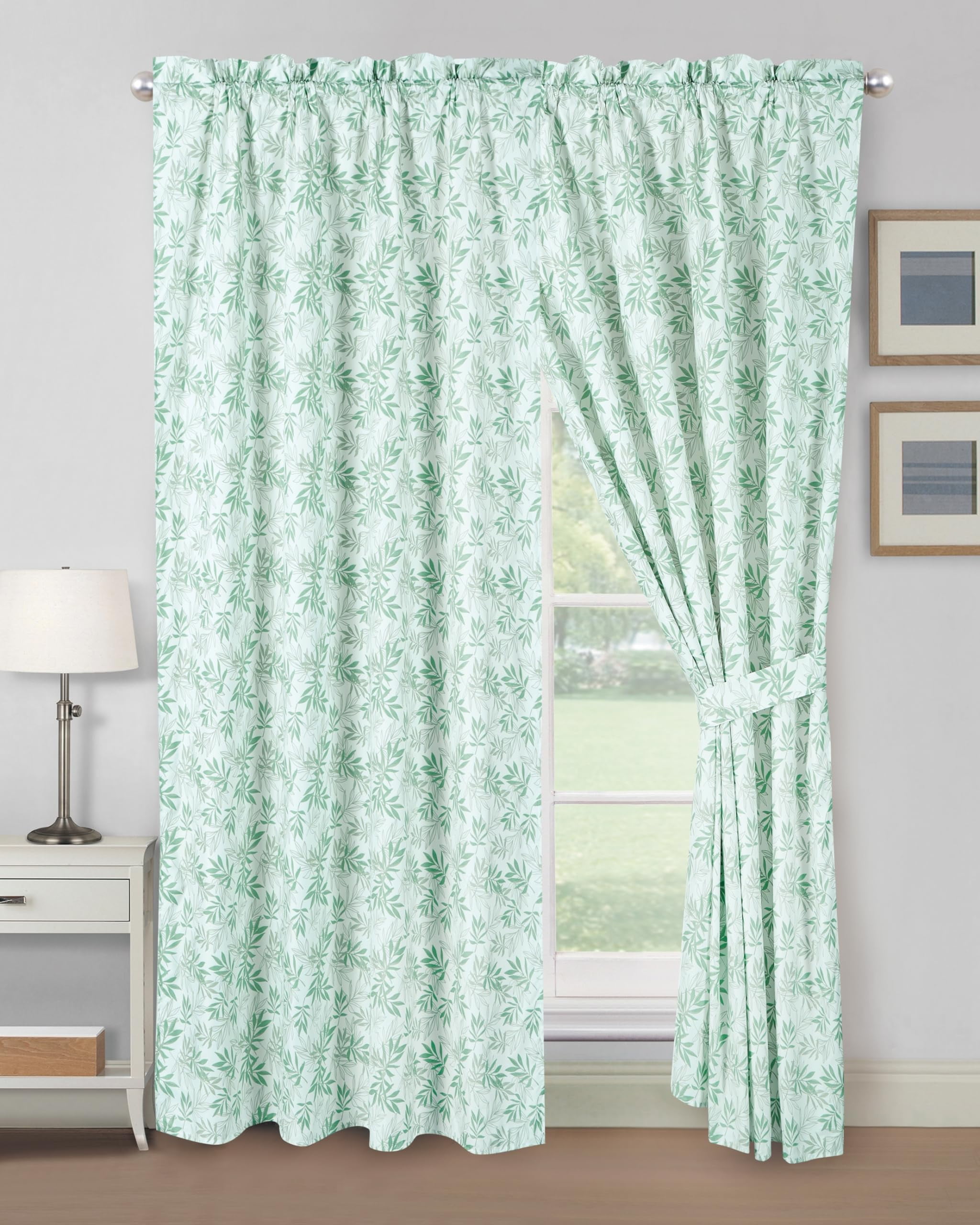 Chezmoi Collection 4-Piece Floral Leaves Window Curtain Set with Sheer Backing, Green White Leaves Printed Microfiber, 120 inch x 84 inch
