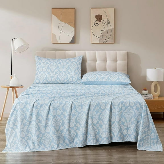 Chezmoi Collection 4-Piece Floral Medallion Bed Sheet Set, King Size - Blue/White Floral Printed Microfiber Soft Breathable Deep Pocket Sheets and Pillowcases Set