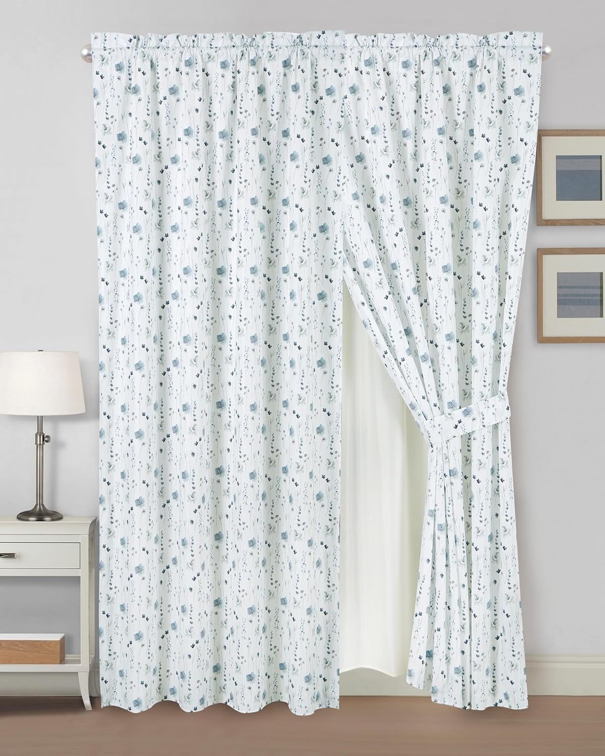 Chezmoi Collection 4-Piece Floral Window Curtain Set with Sheer Backing, Blue White Poppy Floral Printed Microfiber, 120 inch x 84 inch