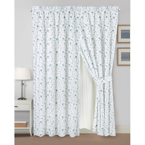 Chezmoi Collection 4-Piece Floral Window Curtain Set with Sheer Backing, Blue White Poppy Floral Printed Microfiber, 120 inch x 84 inch