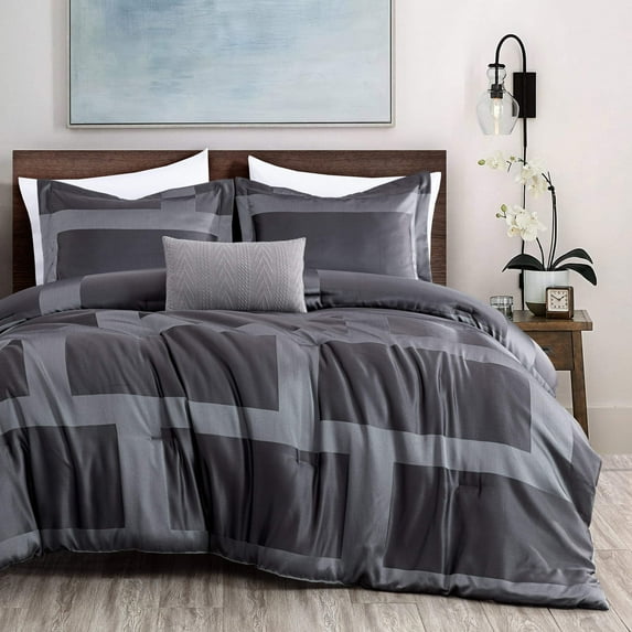Chezmoi Collection 4-Piece Geometric Jacquard Comforter Set King Size, Soft Silky Lustrous Modern Gray Geometric Block Pattern Lightweight Bedding Set for All Seasons