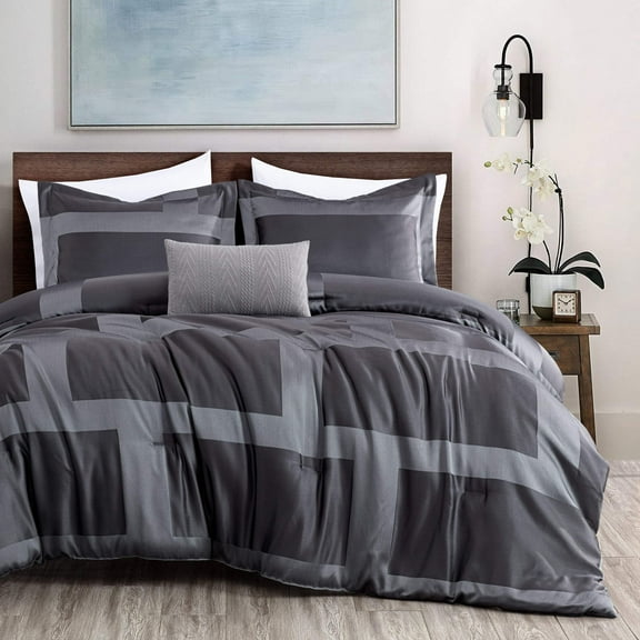 Chezmoi Collection 4-Piece Geometric Jacquard Comforter Set Queen Size, Soft Silky Lustrous Modern Gray Geometric Block Pattern Lightweight Bedding Set for All Seasons