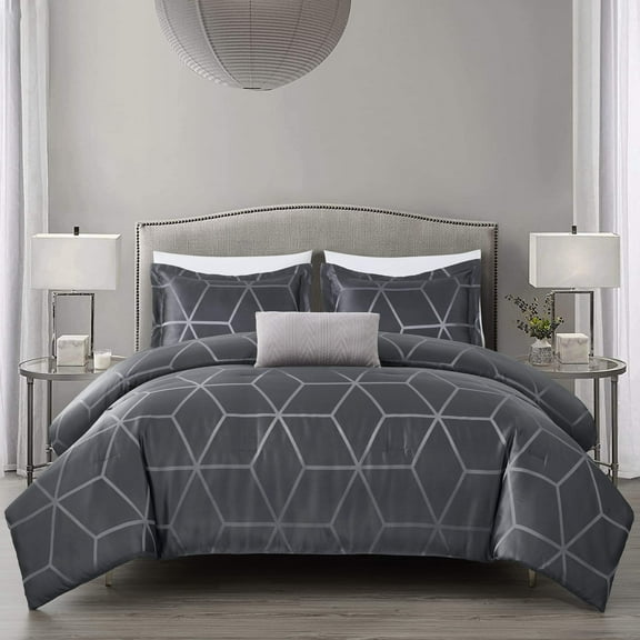 Chezmoi Collection 4-Piece Geometric Jacquard Comforter Set Queen Size, Soft Silky Lustrous Modern Gray Geometric Lattice Pattern Lightweight Bedding Set for All Seasons
