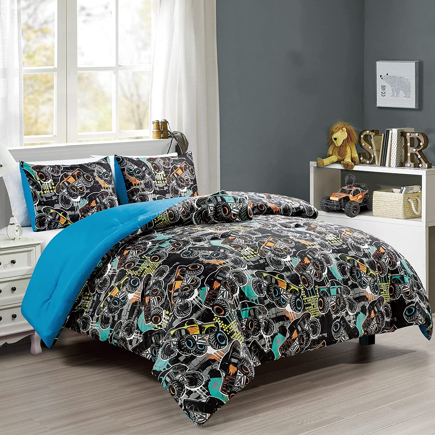 Full/Queen Multi-Color Monster Truck Microfiber Comforter Set