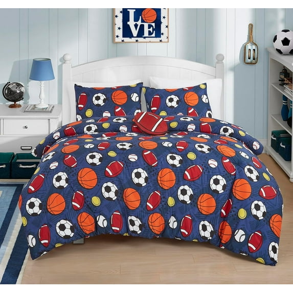 Chezmoi Collection 4-Piece Kids Sports Balls Bedding Comforter Set Full/Queen Size - Soft Microfiber Navy Blue Gray Orange White Printed Football Soccer Basketball Baseball Tennis
