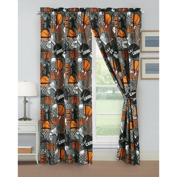 Chezmoi Collection 4-Piece Kids/Teens Basketball Window Curtain Set - Soft Microfiber Gray Orange Multi-Color Basketball Slam Dunk Sports Kids Rod Pocket Drapes, 2-Panels (42" W x 63" L)