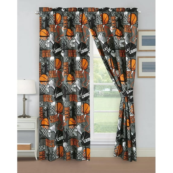 Chezmoi Collection 4-Piece Kids/Teens Basketball Window Curtain Set - Soft Microfiber Gray Orange Multi-Color Basketball Slam Dunk Sports Kids Rod Pocket Drapes, 2-Panels (42" W x 84" L)