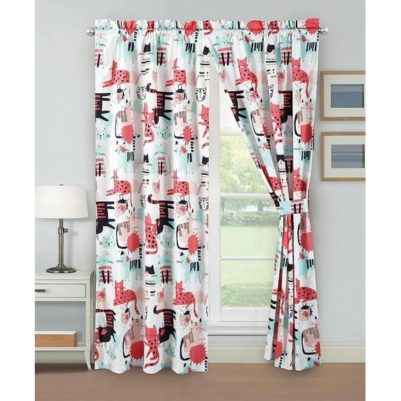 Chezmoi Collection 4-Piece Kids/Teens Cartoon Cats Window Curtain Set - Soft Microfiber Blue Pink Black White Whimsical Cute Cat Children Bedroom Curtains, 2-Panels (42"W x 63"L)