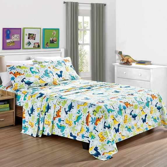 Chezmoi Collection 4-Piece Kids/Teens Dinosaur Sheet Set - Soft Microfiber Baby Blue Multi-Color Printed Dinosaurs Fun Kids Sheets, Full Size