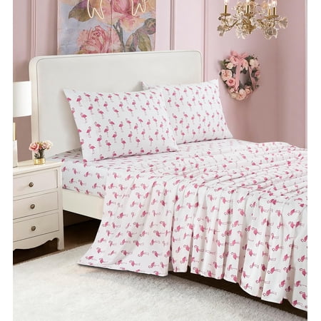 Chezmoi Collection 4-Piece Kids/Teens Flamingo Sheet Set - Soft White Pink Flamingo Printed Microfiber Sheets Fun Kids Bedding, Full Size