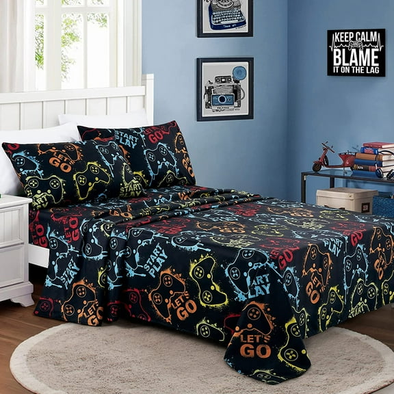 Chezmoi Collection 4-Piece Kids/Teens Gamer Sheet Set - Soft Microfiber Multi-Color Video Games Gamepad Whimsical Fun Kids Sheets, Queen Size
