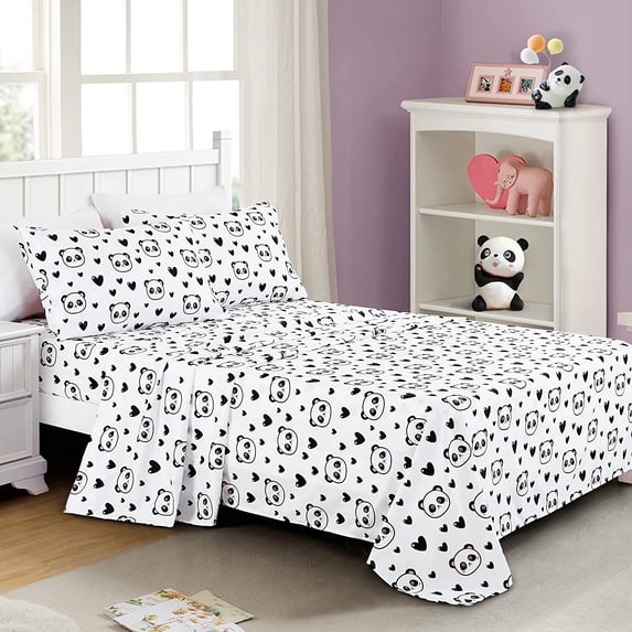 Chezmoi Collection 4-Piece Kids/Teens Panda Love Sheet Set - Soft Microfiber Black White Girls Printed Love Panda Hearts Whimsical Fun Kids Sheets, Full Size