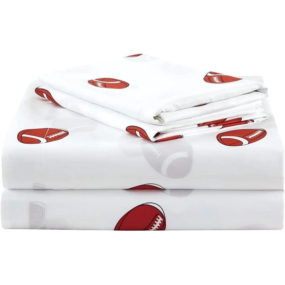 Chezmoi Collection 4-Piece Kids/Teens Sports Microfiber Sheet Set White Brown Football, Full Size