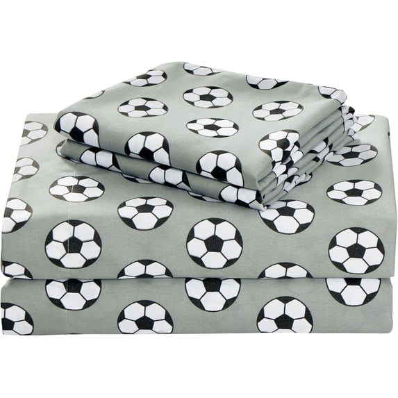 Chezmoi Collection 4-Piece Kids/Teens Sports Sheet Set, Soft Microfiber Gray Black White Soccer, Full Size
