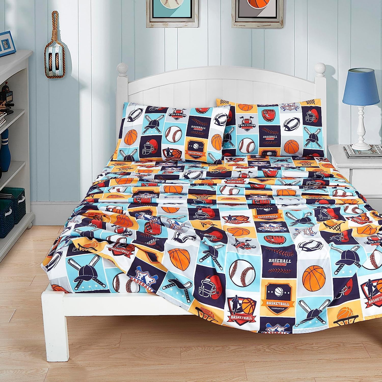 Full Size White Microfiber Sports Print Sheet Set