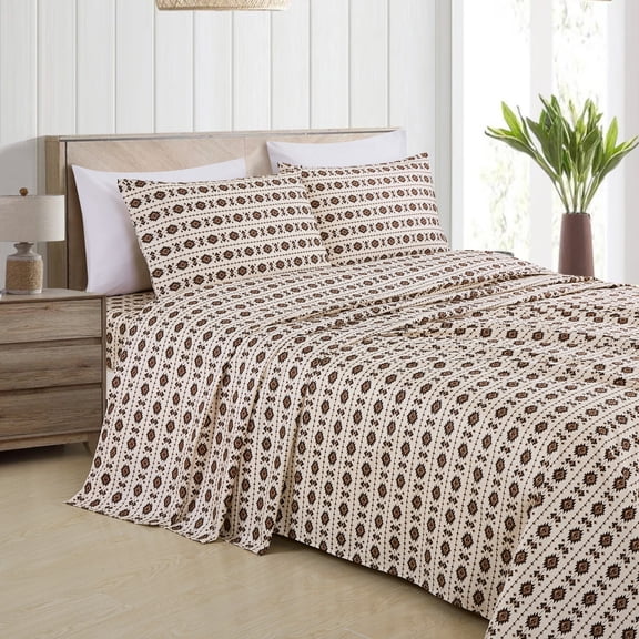 Chezmoi Collection 4-Piece Lodge Geometric Sheet Set Queen, Multicolor Brown Geometric Symbols Printed Brushed Microfiber Lightweight Breathable Deep Pocket Bed Sheets