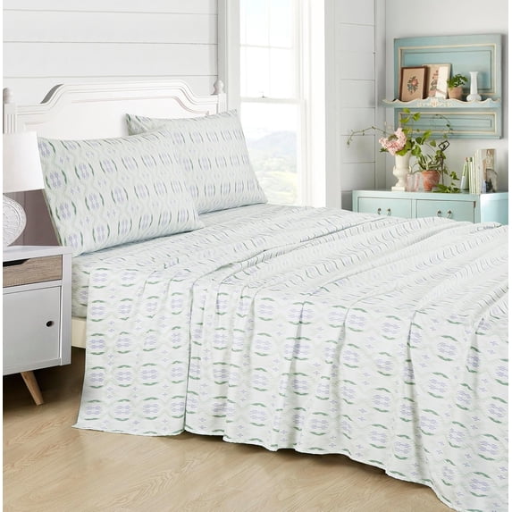 Chezmoi Collection 4-Piece Lodge Geometric Sheet Set Queen Size, Green Purple Striped Printed Brushed Microfiber Lightweight Breathable Deep Pocket Bed Sheets