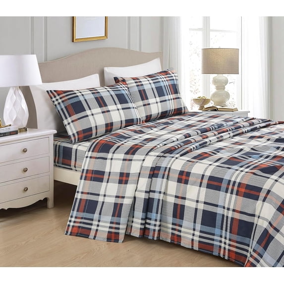 Chezmoi Collection 4-Piece Lodge Plaid Sheet Set King Size, Blue Orange White Herringbone Plaid Stripe Printed Brushed Microfiber Lightweight Breathable Deep Pocket Bed Sheets