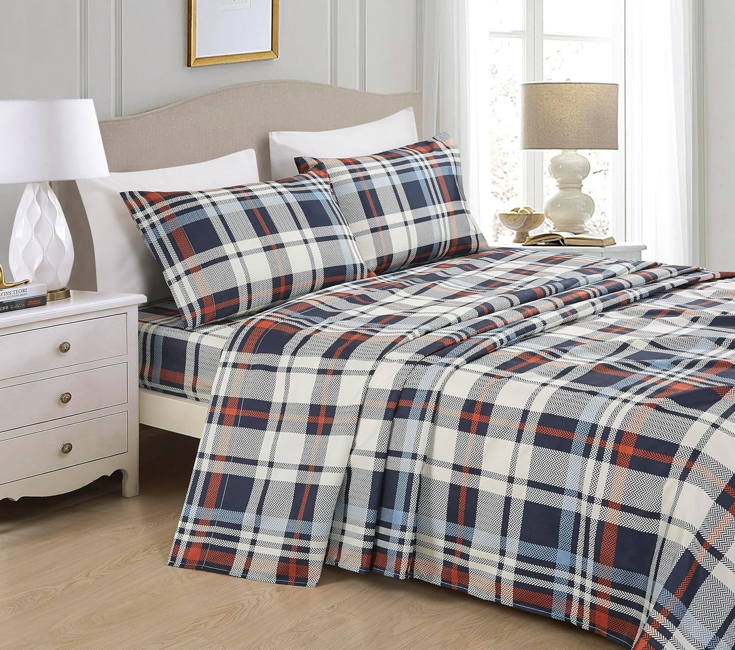 Chezmoi Collection Queen Plaid Sheet Set, Blue Orange White