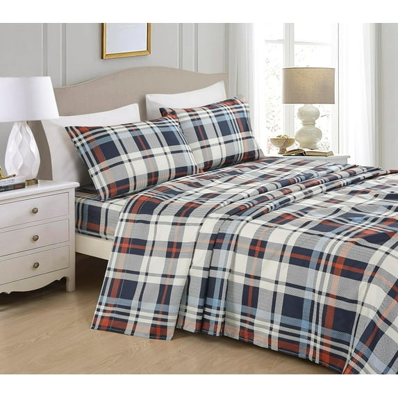 Chezmoi Collection 4-Piece Lodge Plaid Sheet Set Queen Size, Blue Orange White Herringbone Plaid Stripe Printed Brushed Microfiber Lightweight Breathable Deep Pocket Bed Sheets